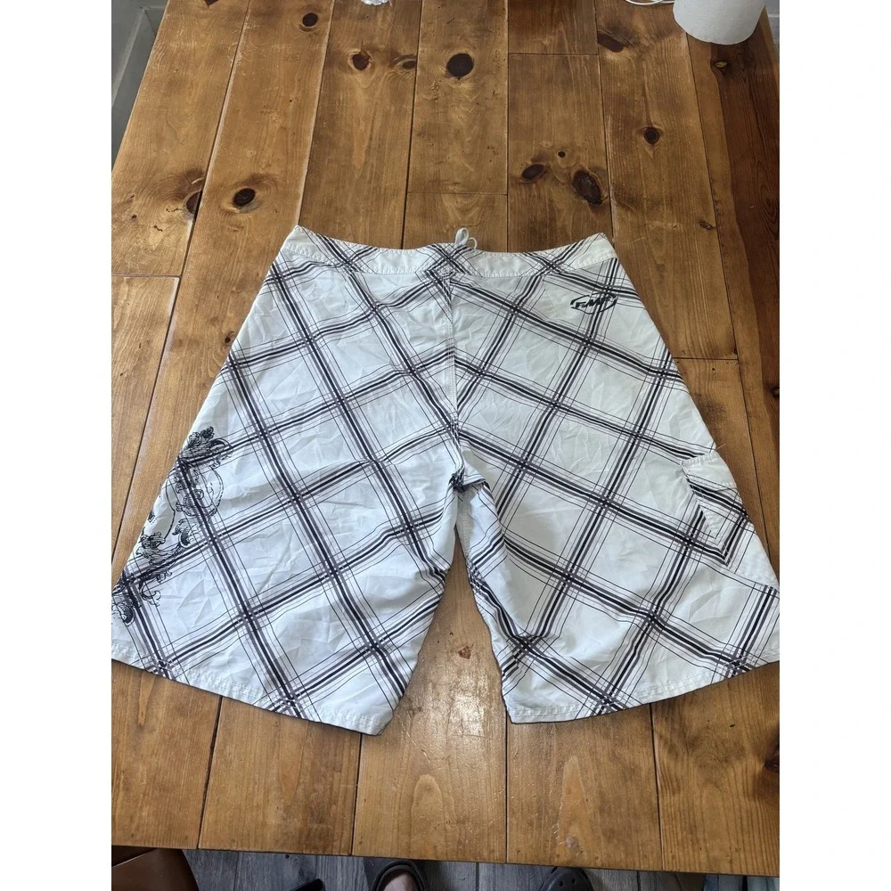 Men's White Plaid Board Shorts Swim Trunks Size 32 Drawstring Lace-Up Pockets